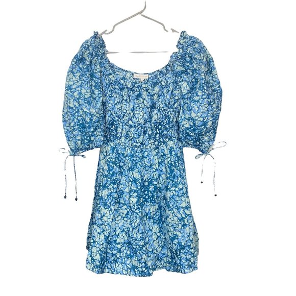 NWT House of Harlow 1960 REVOLVE Blue Ruffle Short Dress S/M Cotton Puff Sleeve - Picture 2 of 13